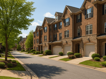Row of brick townhomes with attached garages along tree-lined street in Pompano Beach Florida